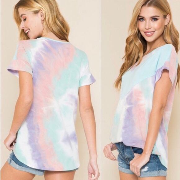 Women's Short Sleeve T-Shirt Tee Top in Pastel Tie Dye Chevron Relaxed Fit - Picture 13 of 13